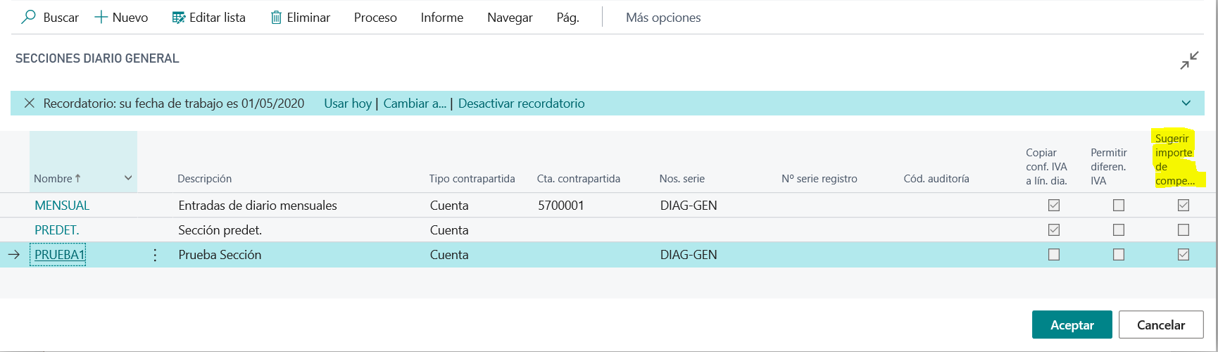 Diarios generales – Sugerir importe de compensanción