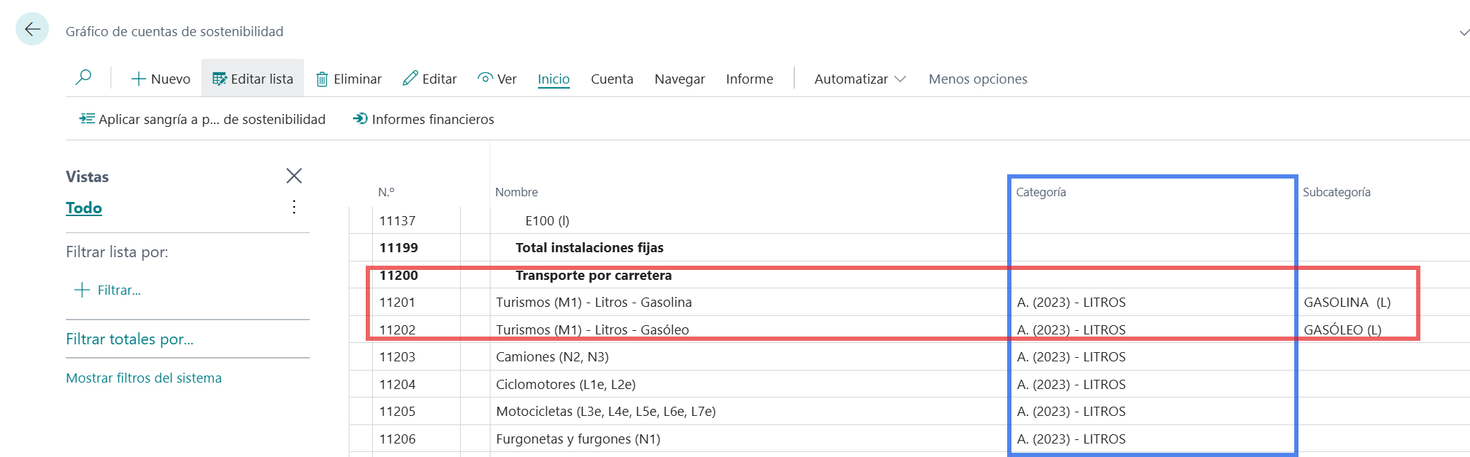 Categorías de sostenibilidad en Business Central